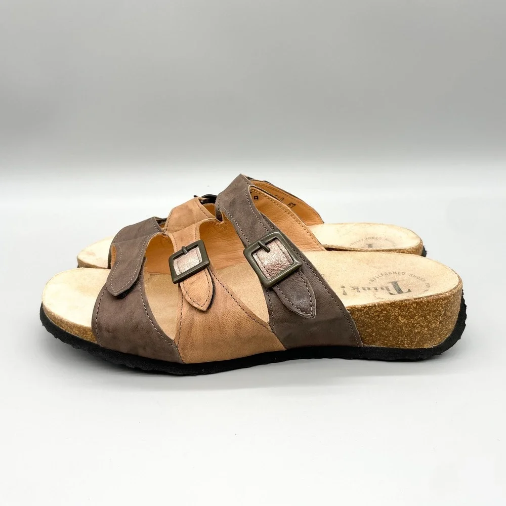 Think! Womens 40 Mizzi Multi Strap Brown Leather Cork Wedge Slide Sandals Buckle